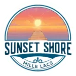 A circular logo with the text "Sunset Shore Mille Lacs" and an image of a sunset over a lake with a wooden dock.