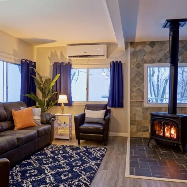 A living room with a sofa, a gas fireplace, and large windows with lake views.
